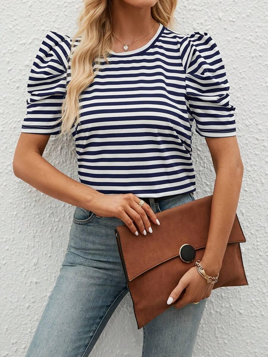 SHEIN LUNE Women's Striped Round Neck Short Sleeve T-Shirt With Gigot Sleeve For Summer Casual Occasions SKU: sz2303225690980155