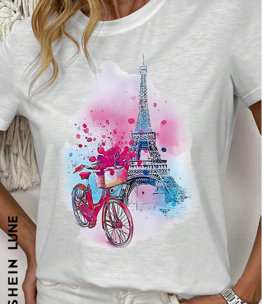 SHEIN LUNE Paris Eiffel Tower & Bicycle Print Round Neck Short Sleeve T-Shirt, Perfect For Valentine's Day SKU: sz2401033505410014