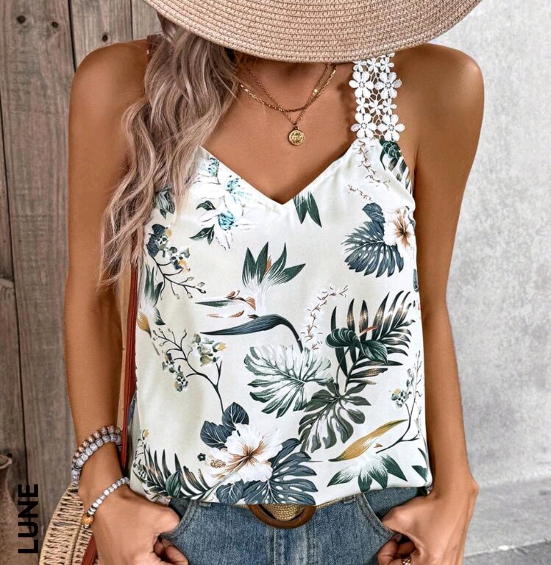 SHEIN LUNE Tropical Vacation Printed Lace Camisole Top With Wide Shoulder Straps For Summer Hawaiian