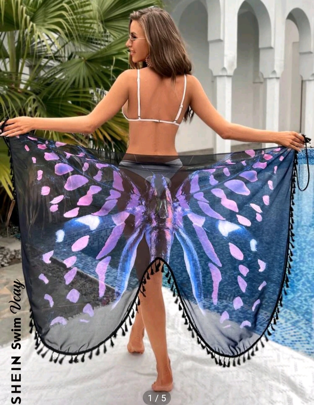 SHEIN Swim Vcay Butterfly Print Tassel Trim Kimono