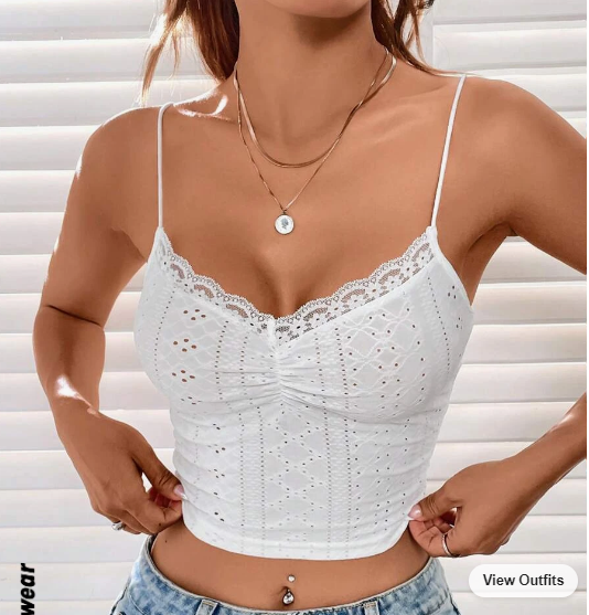 SHEIN EZwear Summer Going Out Eyelet Embroidery Lace Trim Ruched Bust White Cami Top SKU: sw2303013414901208