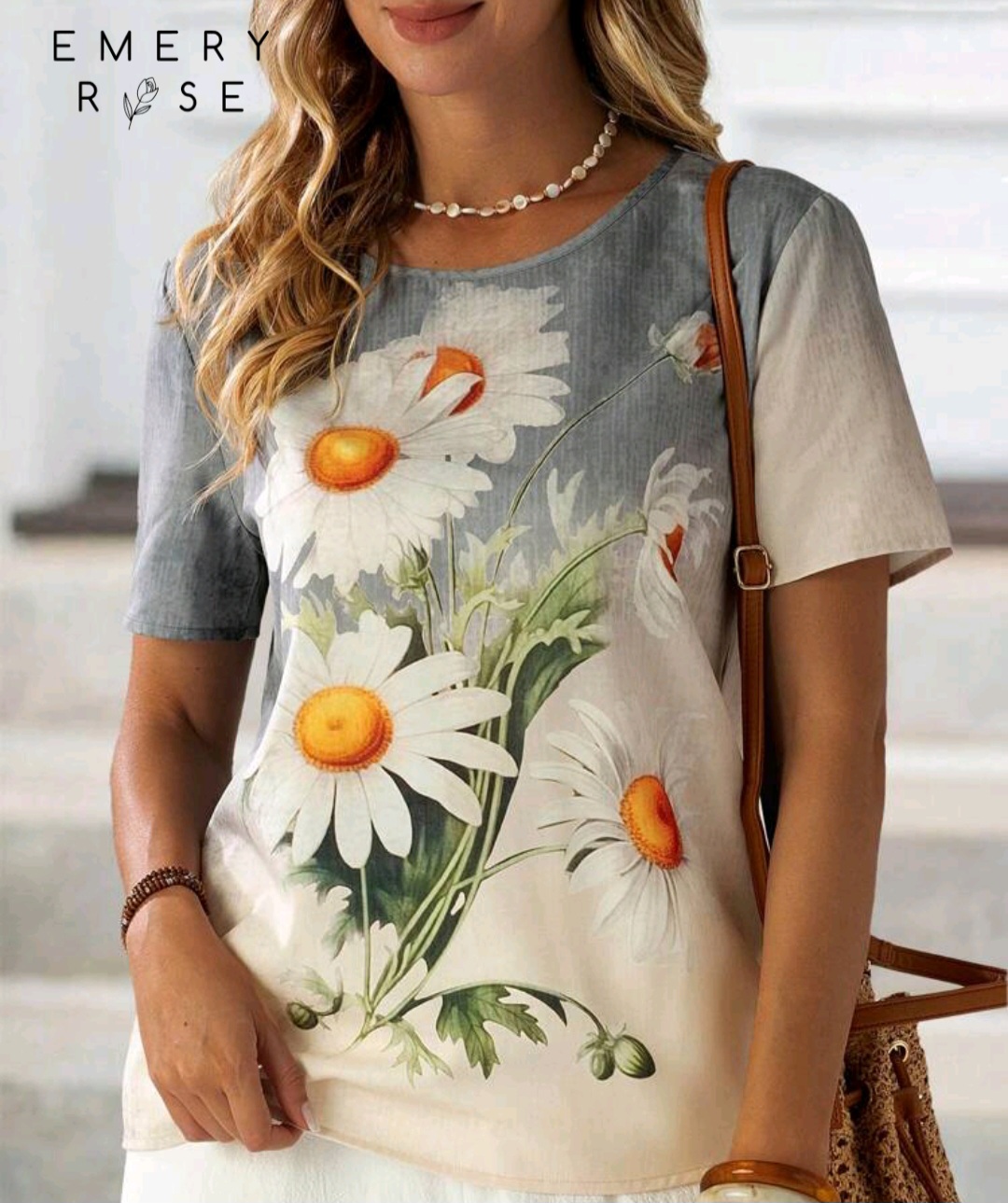 EMERY ROSE Women Daisy Print Casual Spring And Summer Shirt With Round Neckline
