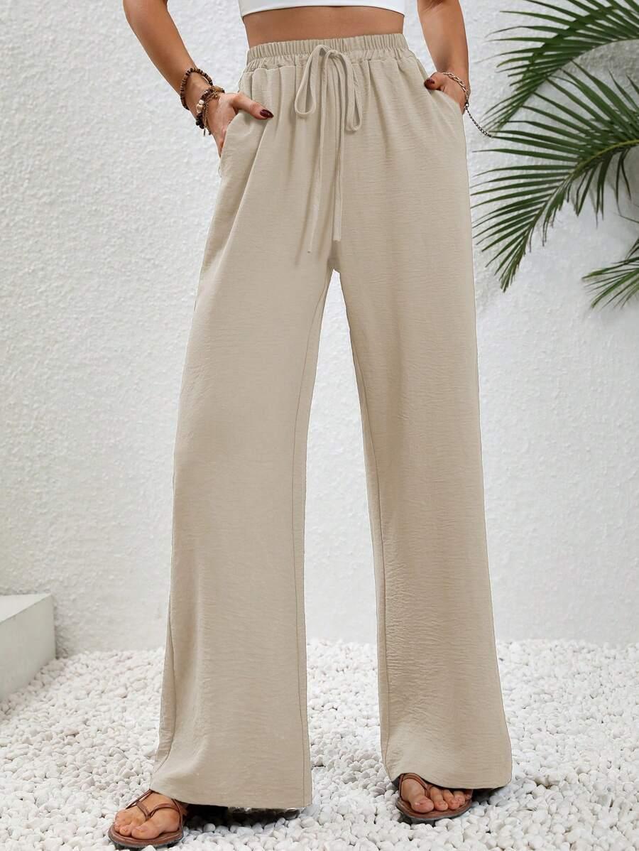 SHEIN LUNE Drawstring Waist Slant Pocket Wide Leg Pants SKU: sz2307081859818986