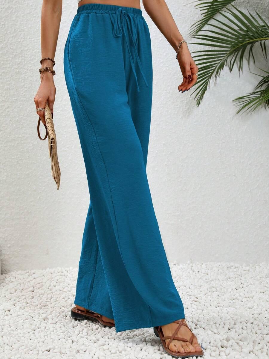 SHEIN LUNE Solid Color Straight-Leg Pants For Vacation And Leisure SKU: sz2404107873127928