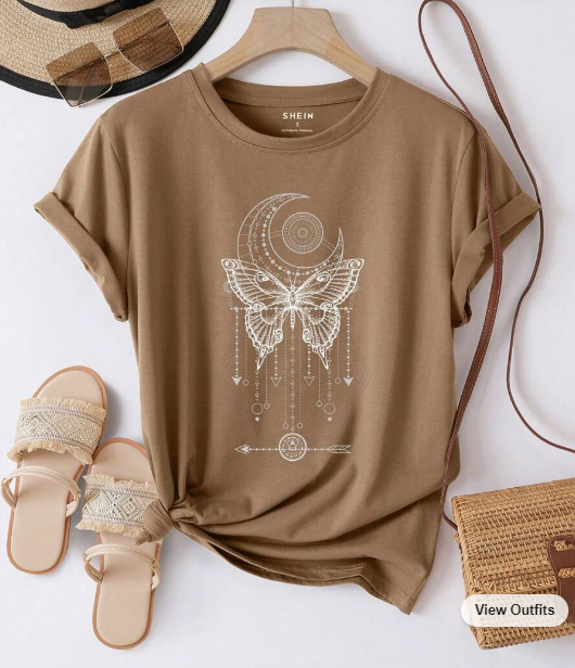 SHEIN Essnce Moon And Butterfly Print Tee SKU: sz2303220049749127