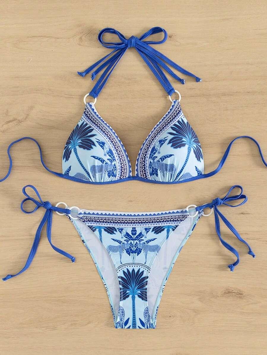 SHEIN Swim Women'S Coconut Tree Print Bikini Set With Circular Ring Decoration, Knot & Side Cutout Design Carnival SKU: sz2311191483189188