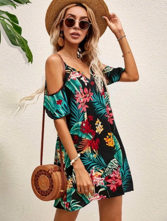 SHEIN VCAY Tropical Print Cold Shoulder Dress