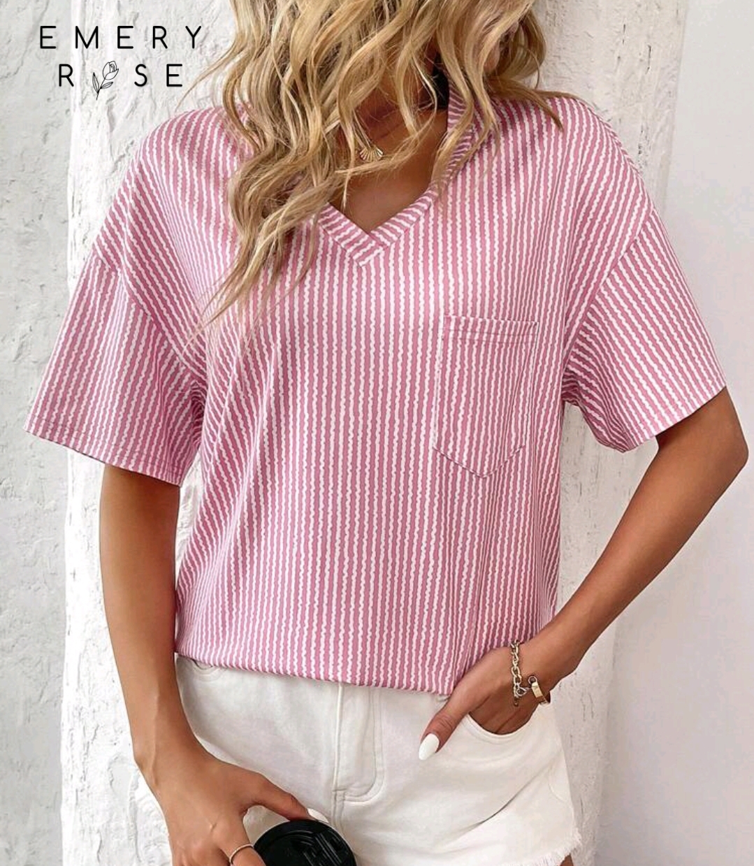 EMERY ROSE Women Summer Striped And Printed V-Neck Dropped Shoulder Short Sleeve Loose Casual T-Shirt