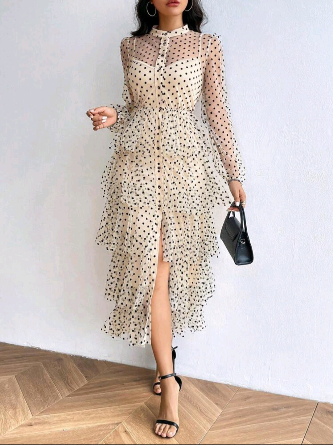 SHEIN Privé Polka Dot & Mesh & Printed Women's Layered Cake Dress