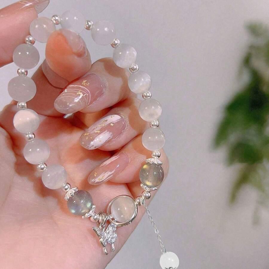 1pc Moonstone Butterfly Bracelet Women's Jewelry, Fashionable Bracelet, Elegant Bracelet (Each Batch Of Products Is Purely Handmade, So There May Be Slight Differences. The Direction Of The Butterfly Is Random. Please Refer To The Actual Product.) SKU: sj