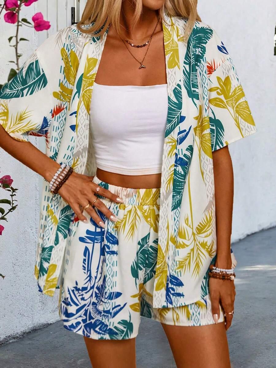 КОМПЛЕКТ  SHEIN VCAY Women's Tropical Plant Printed Short Sleeve Open Front Kimono And Shorts Casual 2pcs Set For Vacation SKU: sz2404178165075790