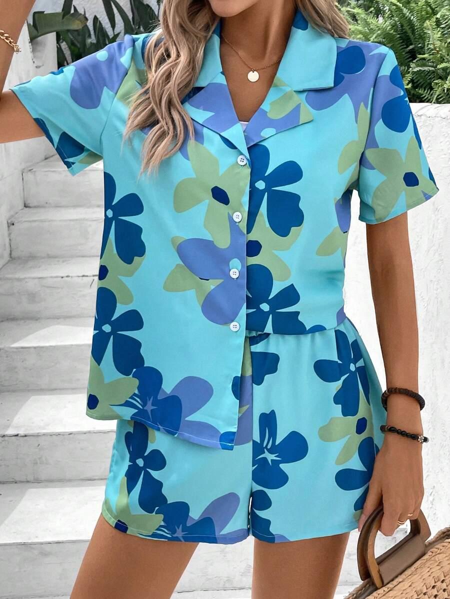 КОМПЛЕКТ  SHEIN VCAY Women Holiday Casual Flower Printed Suit Collar Short Sleeve Shirt And Shorts Two-Piece Set SKU: sz2403075875735365