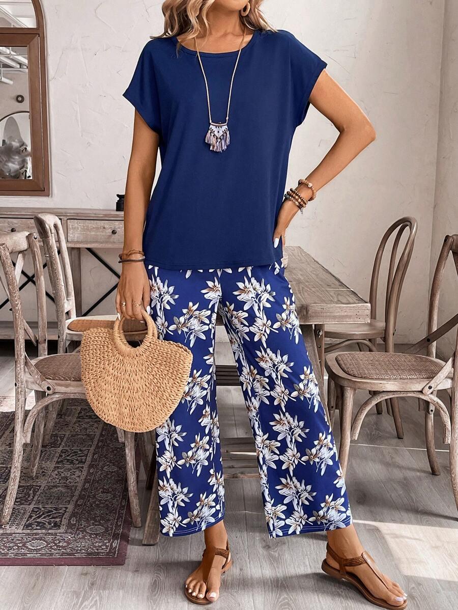 КОМПЛЕКТ  SHEIN LUNE Ladies' Simple Solid Color Short Sleeve And Printed Long Pants Two-Piece Set For Daily Wear SKU: sz2404197906355791