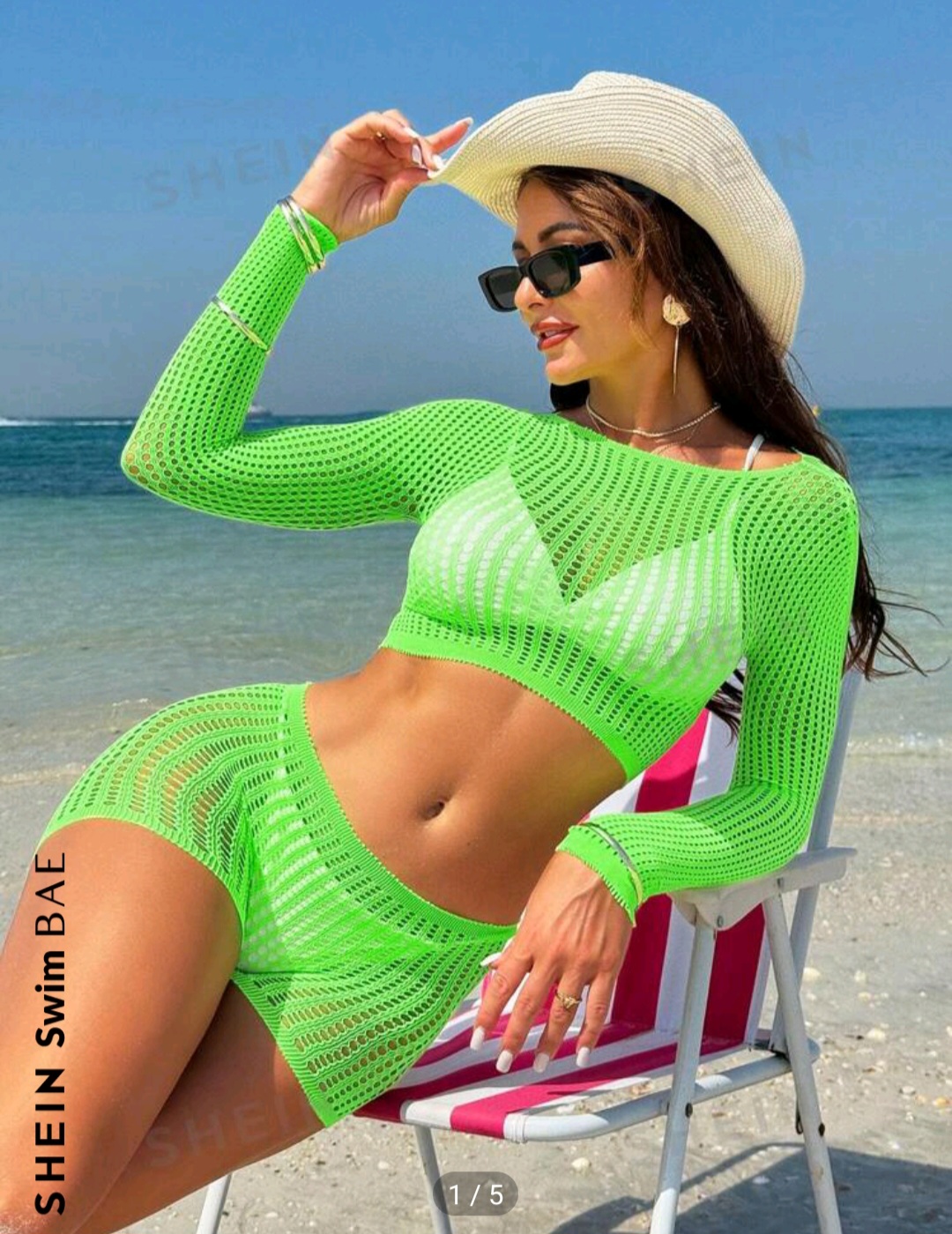 SHEIN Swim Vcay Summer Beach Ladies' Short Solid Color Round Neck Vacation Style Matching Long Sleeve Cover Up Top And Shorts Set