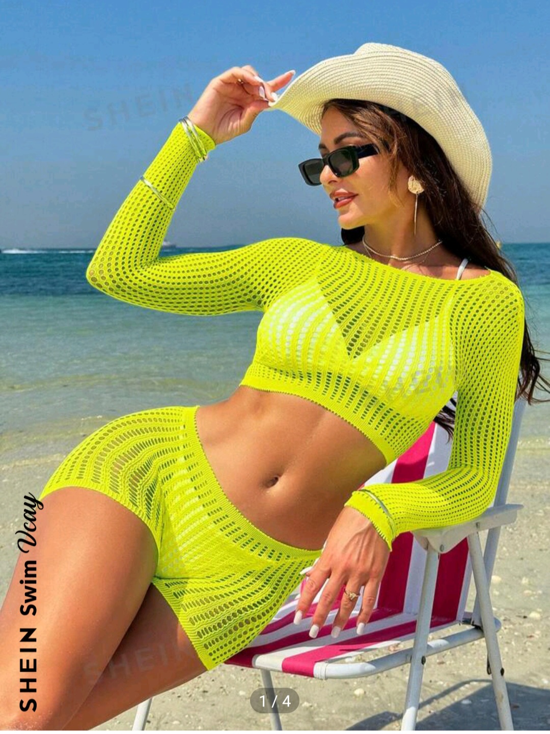 SHEIN Swim Vcay Summer Beach Ladies' Short Solid Color Round Neck Vacation Style Matching Long Sleeve Cover Up Top And Shorts Set