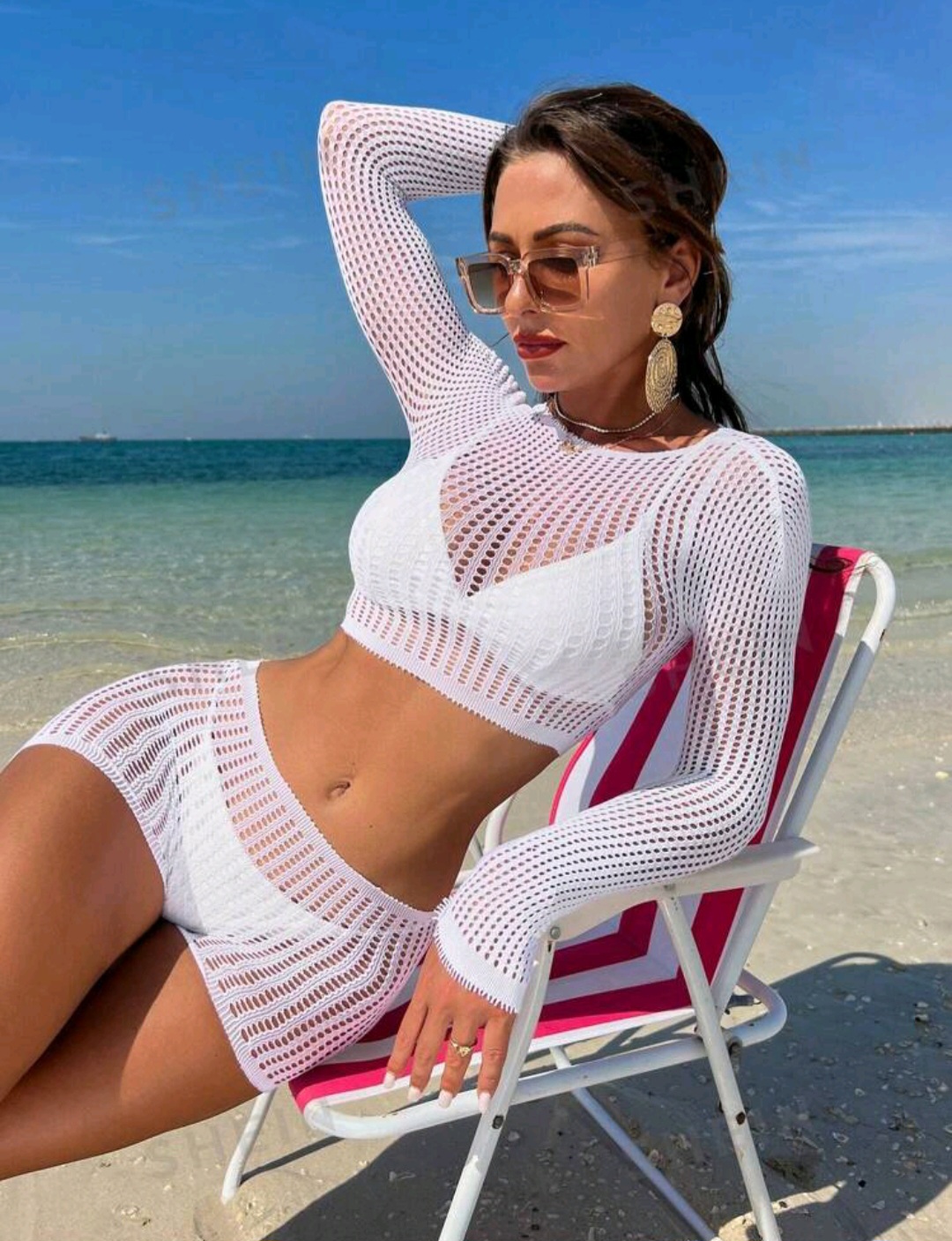 SHEIN Swim Vcay Summer Beach Ladies' Short Solid Color Round Neck Vacation Style Matching Long Sleeve Cover Up Top And Shorts Set