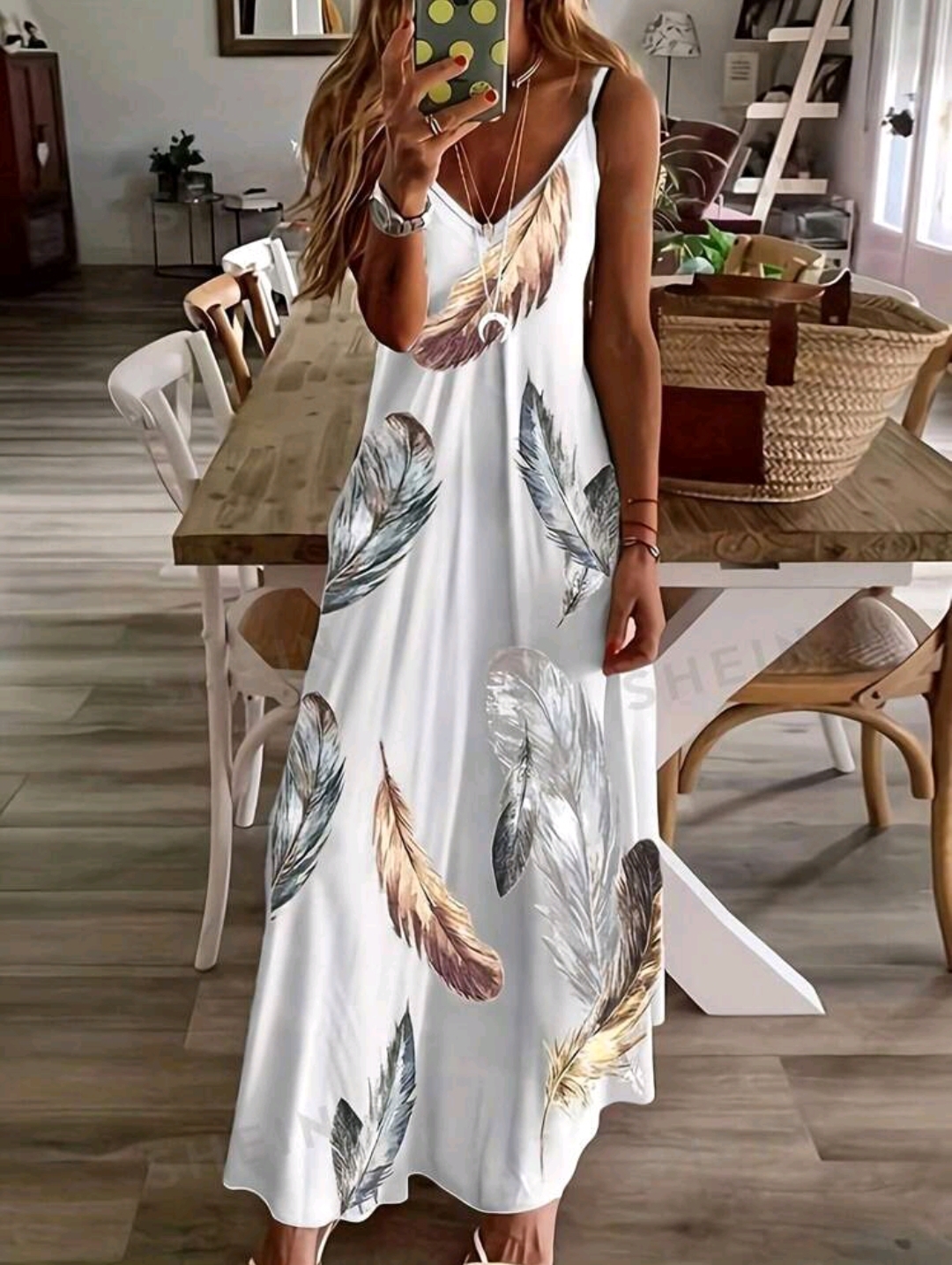 SHEIN LUNE Feather Printed Loose V-Neck Summer Casual Sundress