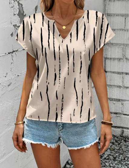 SHEIN LUNE Casual Striped Full Print Women V-Neck Blouse, Suitable For Summer SKU: sz2404264987819194