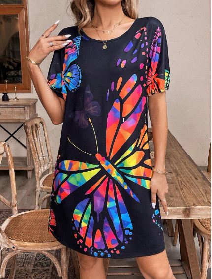 SHEIN LUNE H-Style Colorful Butterfly Printed Round Neck Short Sleeve Dress SKU: sz2403288133494383