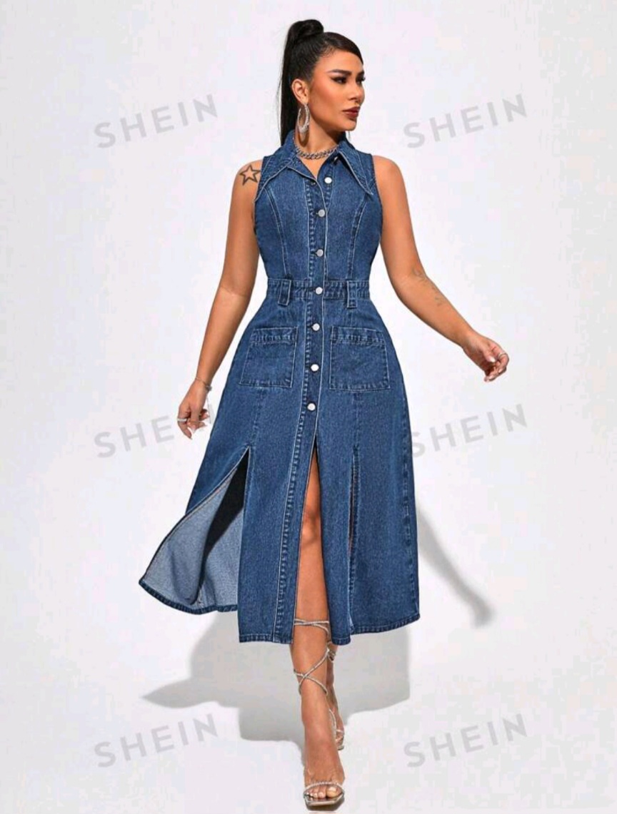 SHEIN SXY Solid Color Splicing Denim Dress With High Split And Sleeveless Design, Featuring Pocket Details