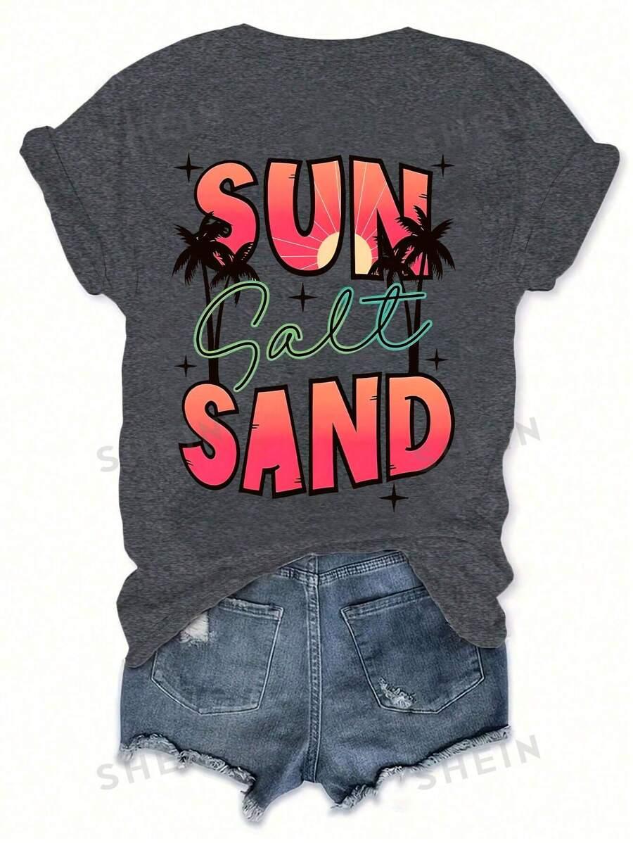 SHEIN LUNE Summer Holiday Coconut Tree & Plant Printed Women's T-Shirt For Beach SKU: sz2405106068762920