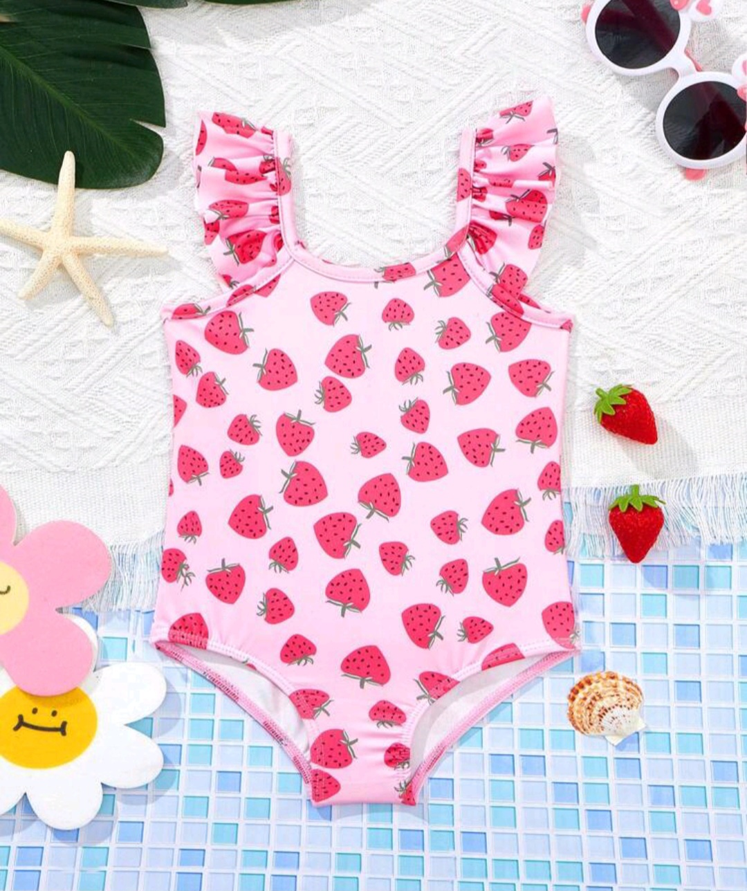 SHEIN Baby Girl Casual Cute Strawberry Pattern Flying Sleeve One-Piece Swimsuit