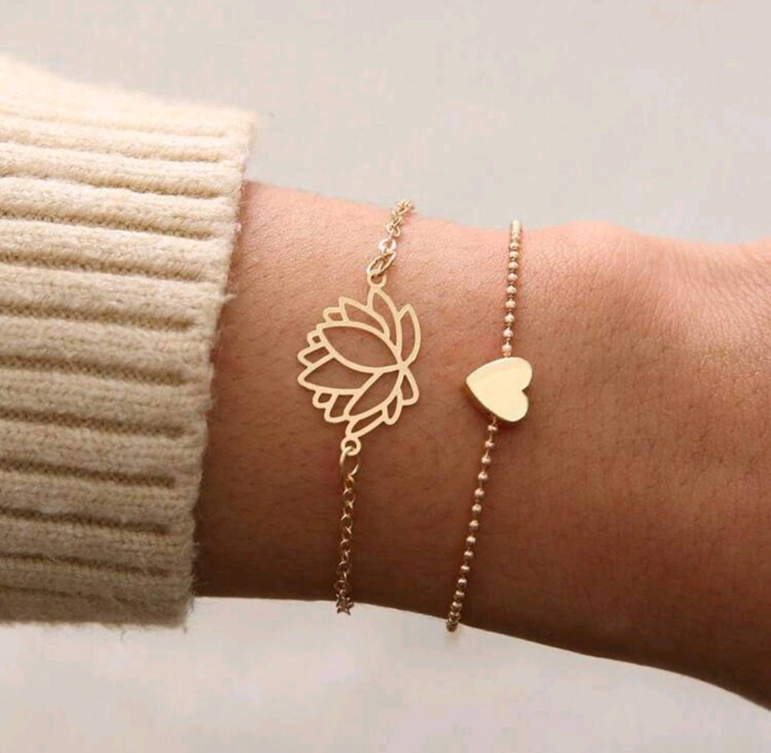 ПРИСТРОЙ!!!   Двойной браслет Simple Personality Hollow Lotus & Heart 2pcs Bracelet Set