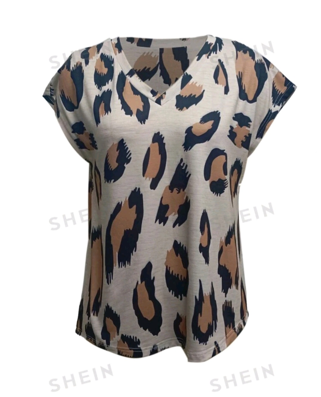 SHEIN LUNE Women's V-Neck Short Sleeve Casual T-Shirt With Leopard Print, Summer