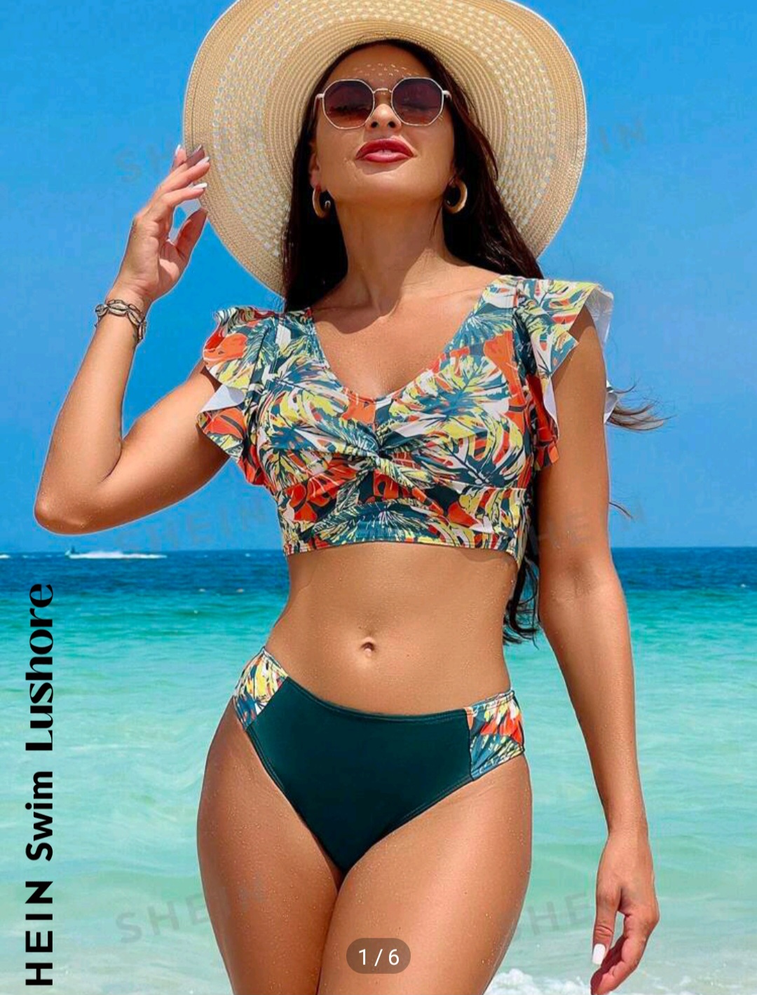 SHEIN Swim Lushore Women's Summer Beach Tropical Plant Printed Overlay Bikini Set With Criss-Cross Detail And Ruffled Hem