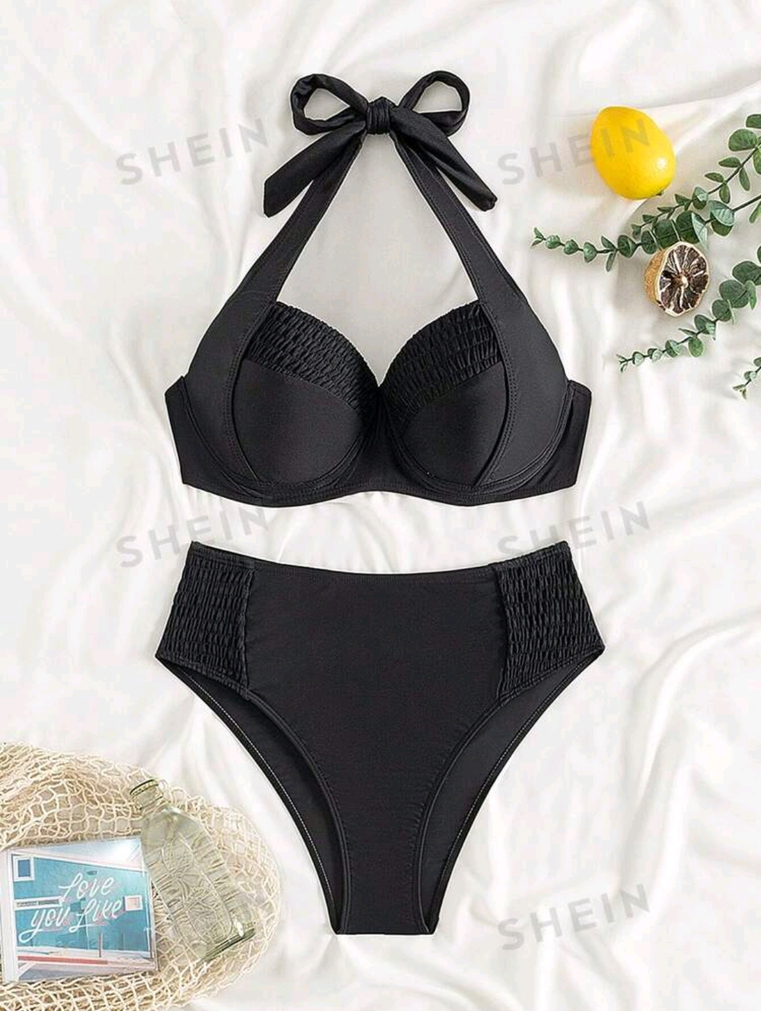 SHEIN VCAY Women's Solid Color Halter Neck Tie Sexy Bikini Set For Swim Vacation