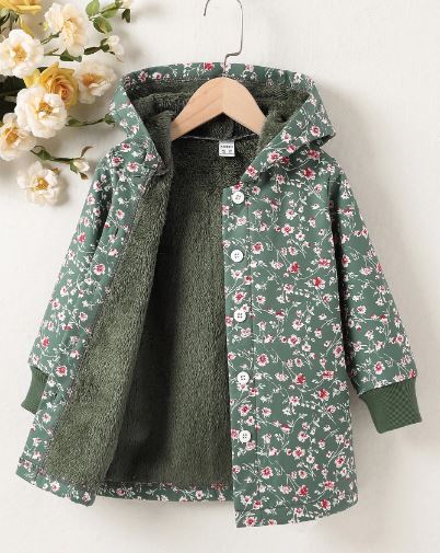 SHEIN Young Girl Floral Print Teddy Lined Hooded Coat SKU: sk2208186830802448
