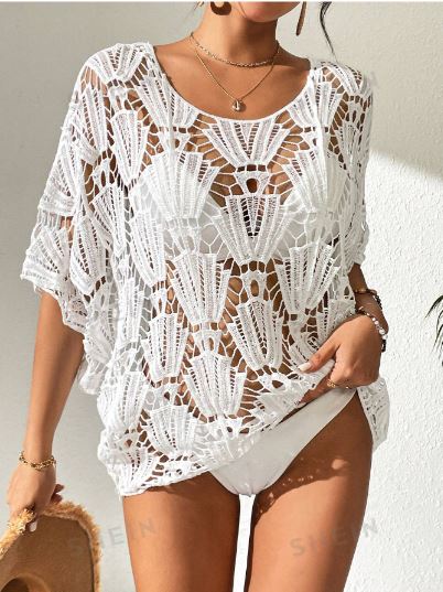 Solid Color Hollow Out Knitted Beach Cover Up Top For Vacation SKU: sz2403294275846888