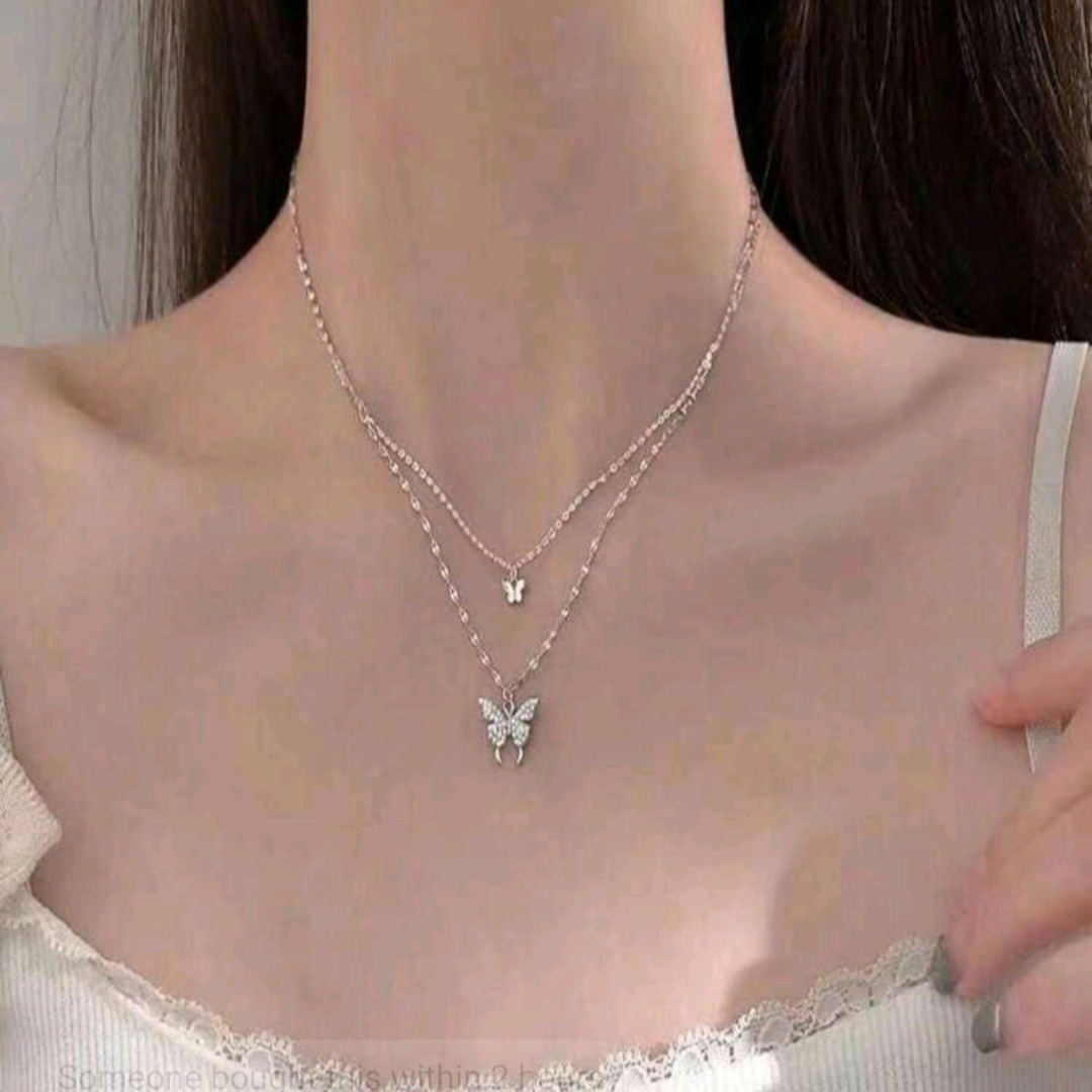 Двойное ожерелье 1pc Double-Layer Silver-Tone Butterfly Pendant Necklace With Rhinestone, Alloy Material, Gift For Girlfriend