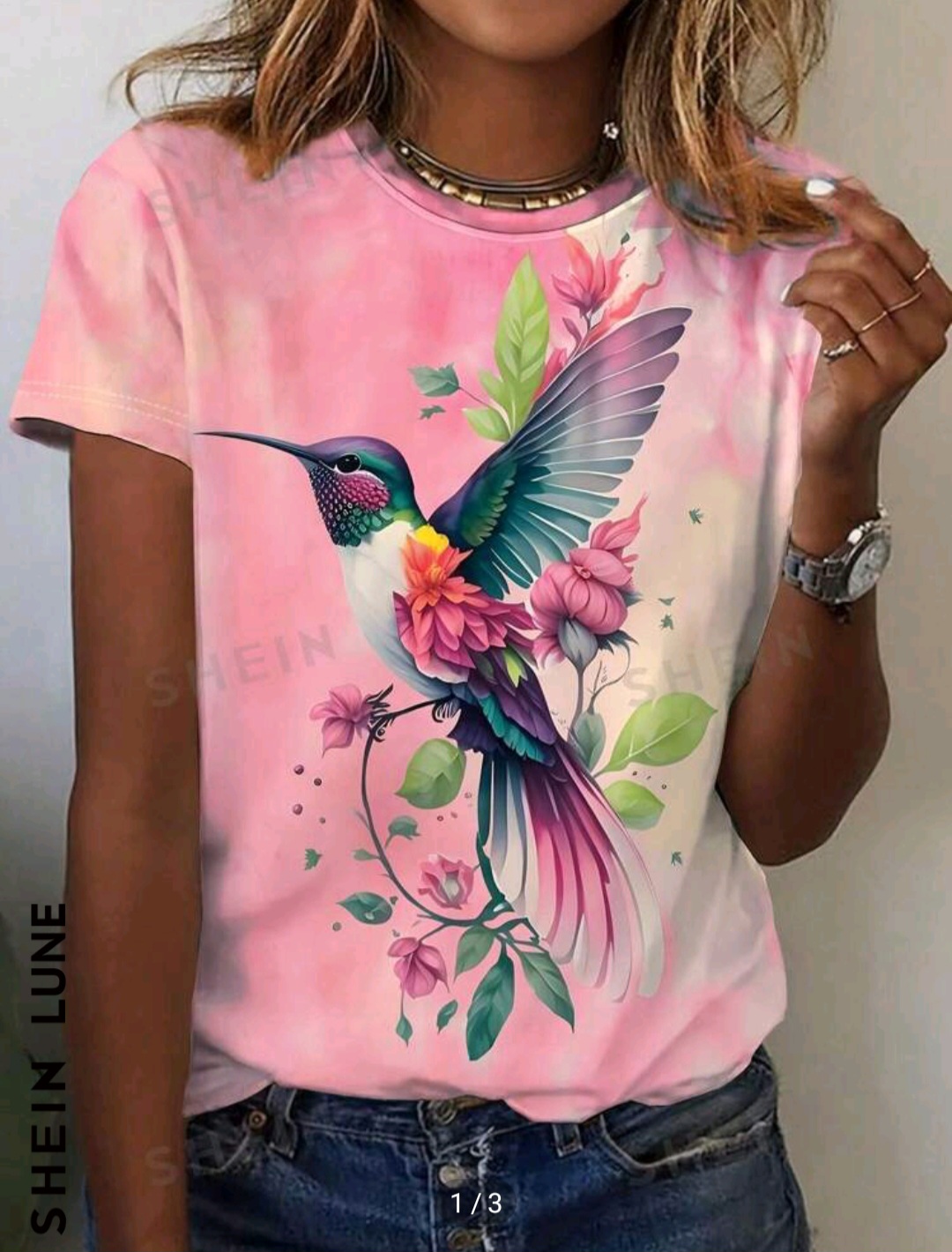 SHEIN LUNE Women's Summer Floral Bird Printed Short Sleeve T-Shirt