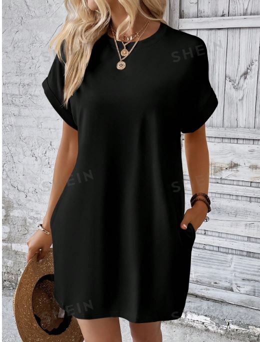 SHEIN LUNE Solid Batwing Sleeve Hidden Pocket Tee Dress SKU: sz2305168610855199