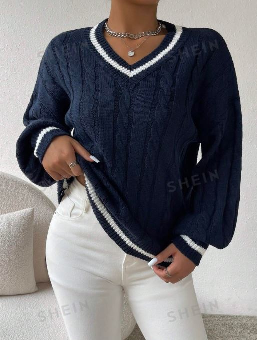 SHEIN Essnce Striped Trim Cable Knit Drop Shoulder Sweater SKU: sz2309127878882444