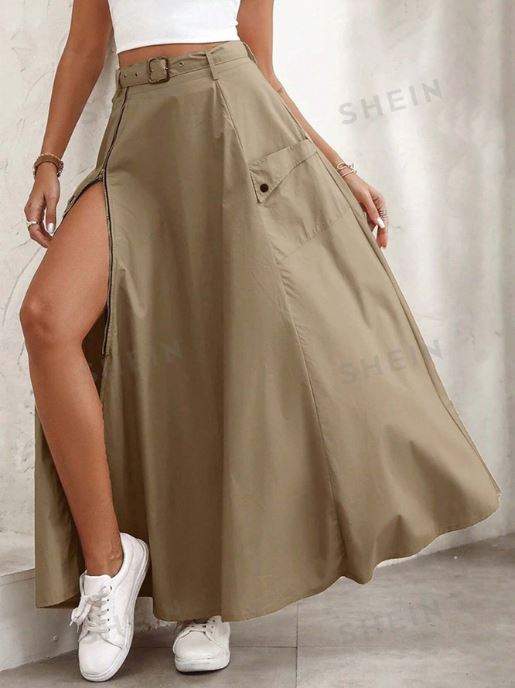 SHEIN Unity Flap Pocket Split Thigh Belted Cargo Skirt SKU: sz2405084812063128