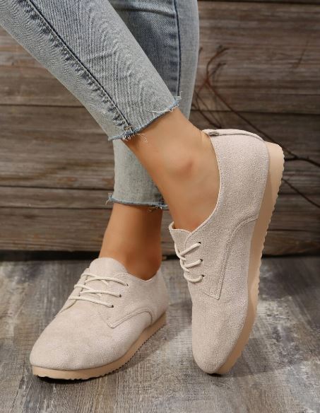 Faux Suede Lace-up Front Flat Oxfords, Beige Elegant Solid Color Women's Flat Shoes SKU: sx2208015319144366