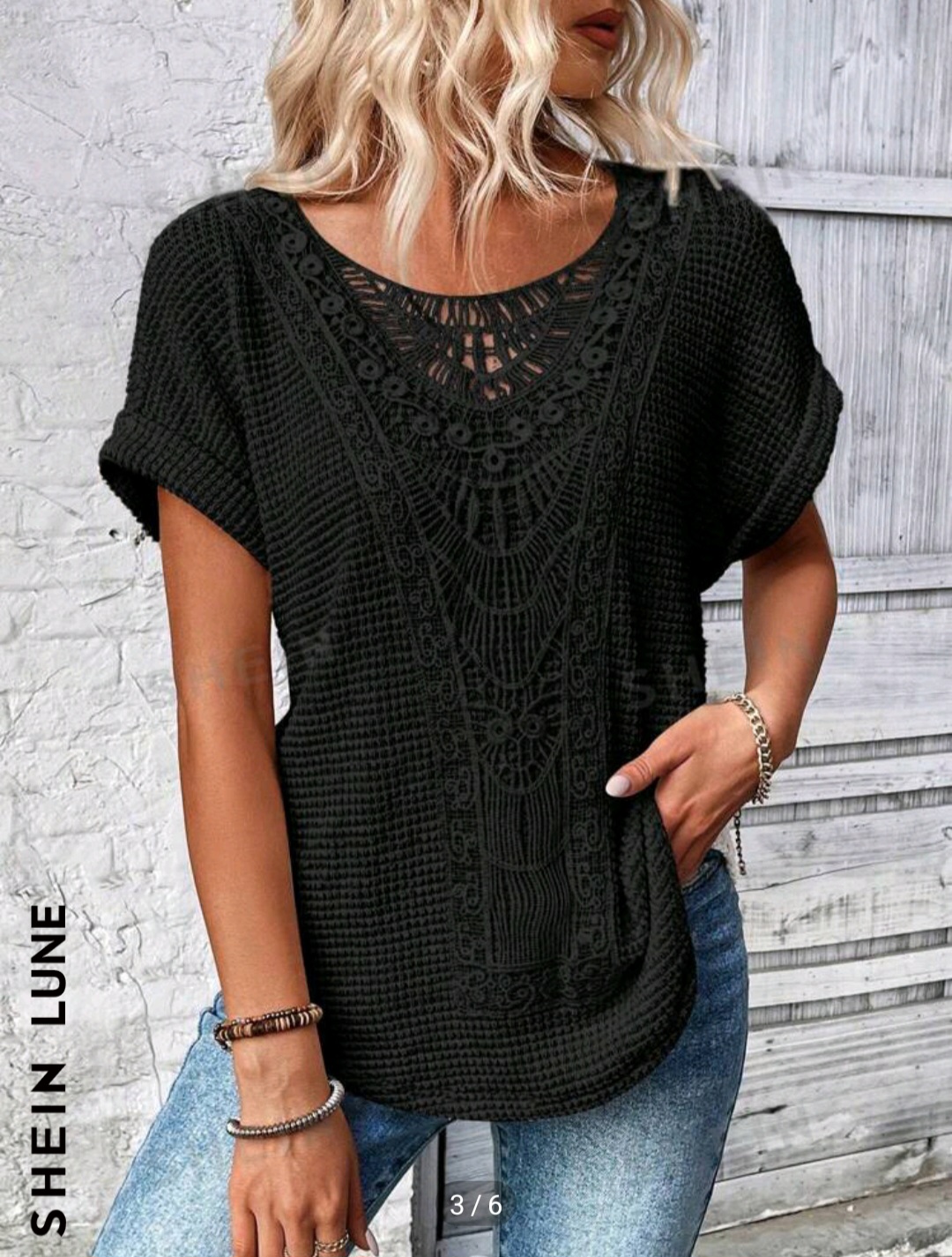 SHEIN LUNE Patchwork Lace Circular Neck Batwing Sleeve T-Shirt