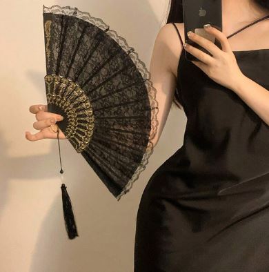 1pc Gothic Lolita Lace Hollow Hand Fan, Cosplay Chinese Hanfu Costume, Dance Fan, Cooling Fan SKU: sh2407143537765758