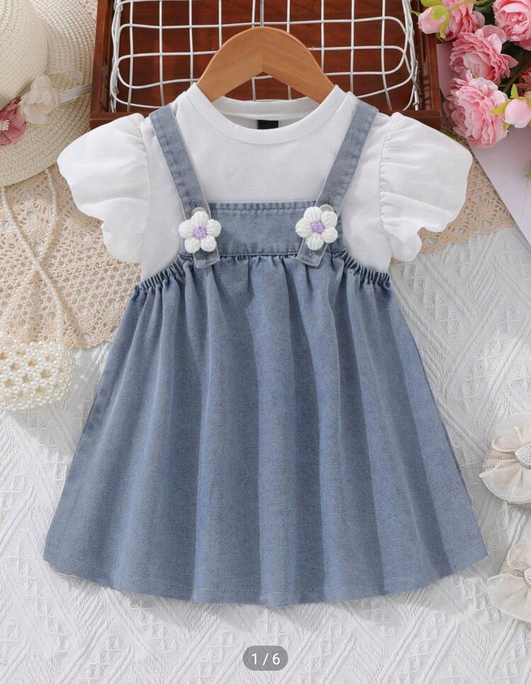 Baby Girl Casual Plain Top And 3d Flower Denim Overall Dress Set, Holiday