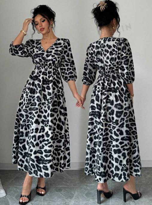 SHEIN Frenchy Women's Leopard Print V-Neck Lantern Sleeve Waist Fit & Flare Elegant Dress SKU: sz2407043464426616