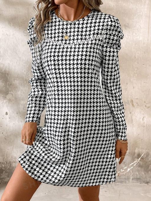 SHEIN Clasi Houndstooth Gigot Sleeve Round Neck Short Casual Dress For Vacation SKU: sz2406155736630622