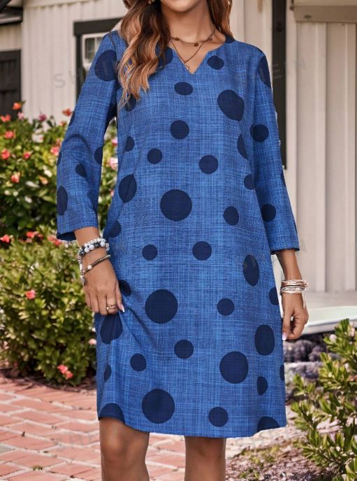 EMERY ROSE Women's Polka Dot Print Simple Sweetheart Collar Long Sleeve Dress SKU: sz2405305602456601