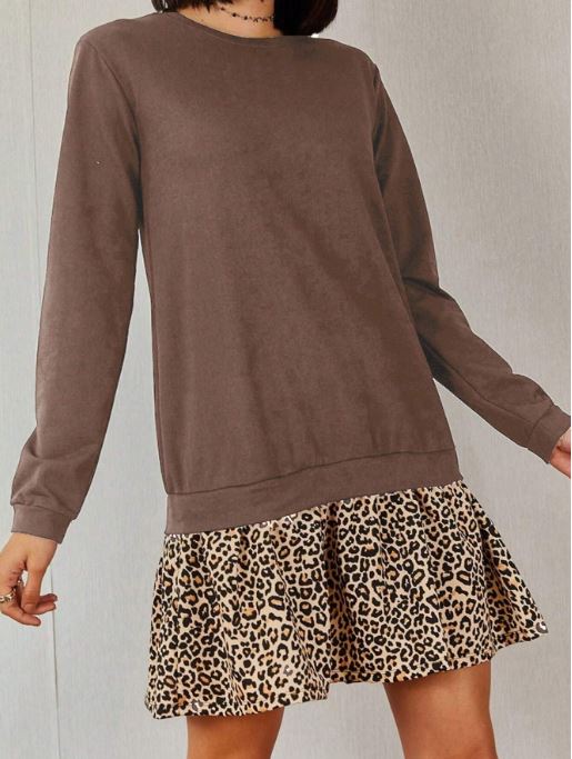 Cottnline Contrast Leopard Print Ruffle Hem Round Neck Sweatshirt Dress SKU: sz2310162637635211