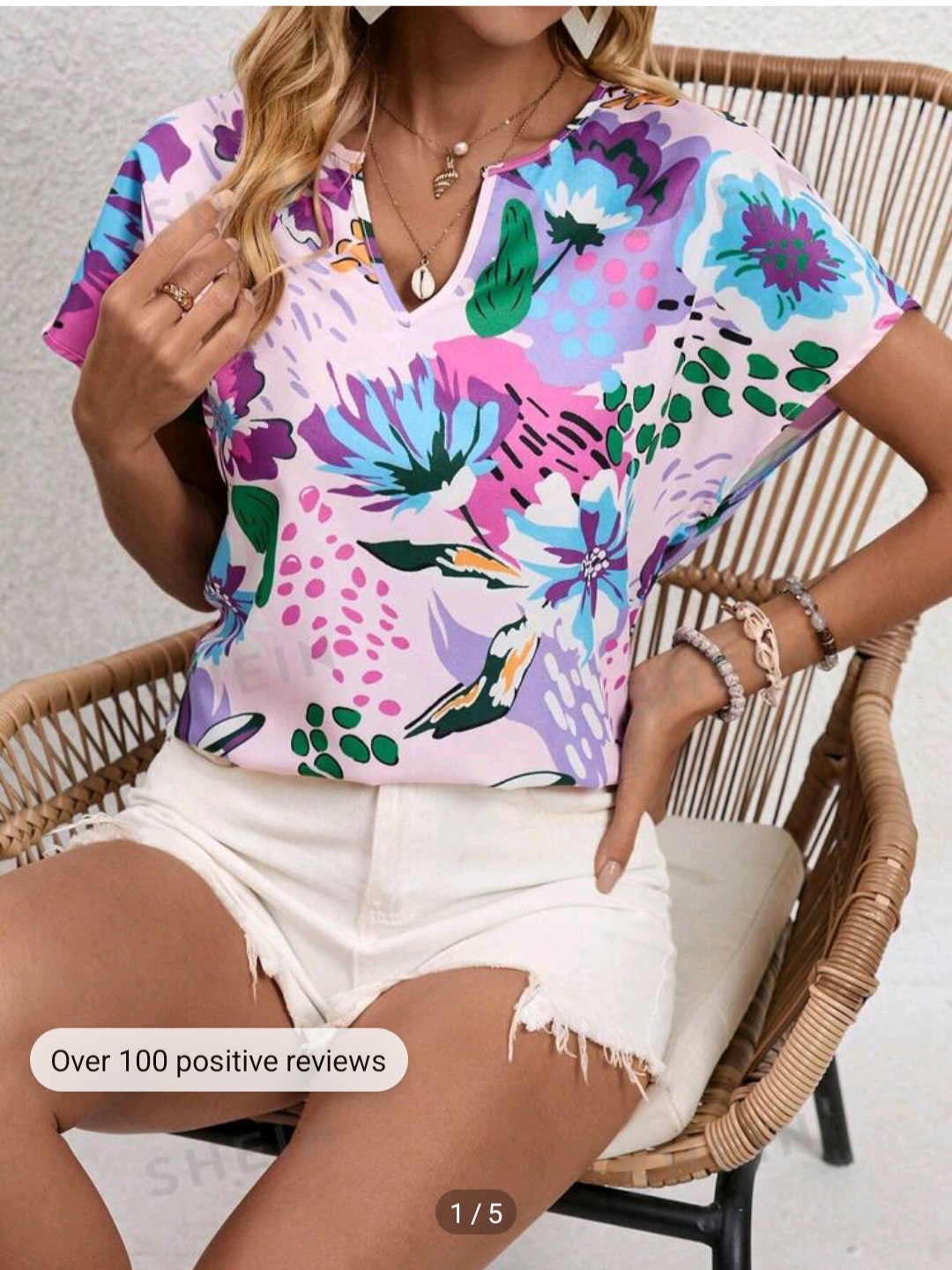 SHEIN VCAY Floral Print Notched Neck Batwing Sleeve Blouse