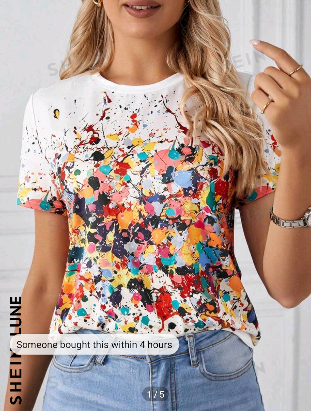 SHEIN LUNE Round Neck Ink-splattered Print Short Sleeve T-shirt