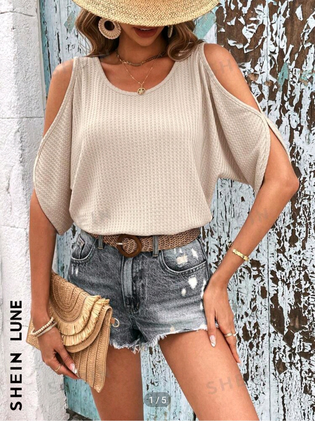 SHEIN LUNE Cold Shoulder Waffle Knit Tee