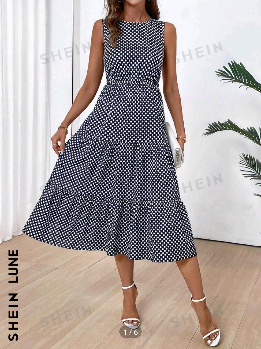 SHEIN LUNE Women's Summer Polka Dot Print Crew Neck Sleeveless Ruffle Hem Elegant Dress