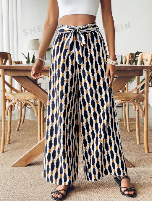 SHEIN VCAY Printed Front Tie Waist Woven Palazzo Pants SKU: sz2406132046212502